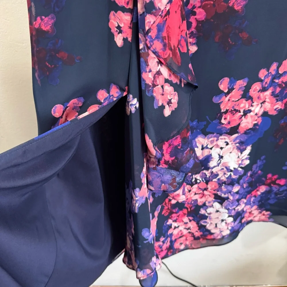 Eliza J Ruffled Long Sleeve Dress Slit Leg Size 14 Cocktail Floral Mother Bride - Picture 8 of 11